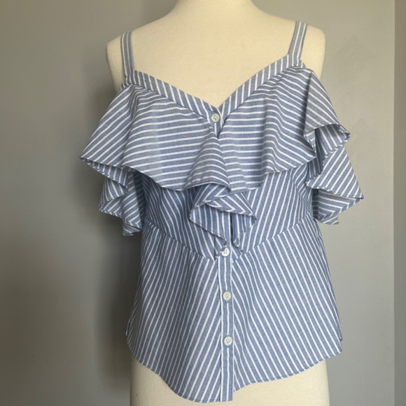 Veronica Beard Grant Multiway  Striped Ruffle Cold Shoulder Cocktail Blouse Top - Picture 4 of 11